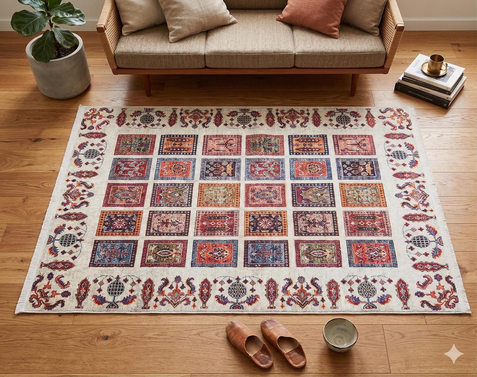 Modern Boho Persian Rug – Washable Tribal Grid Carpet for Living Room