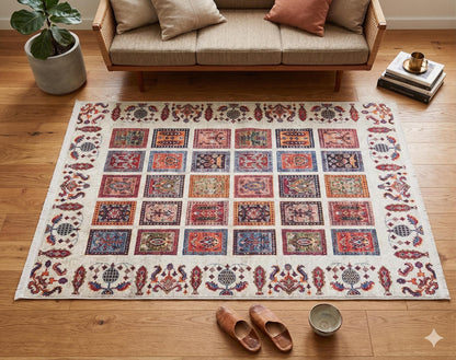 Modern Boho Persian Rug – Washable Tribal Grid Carpet for Living Room