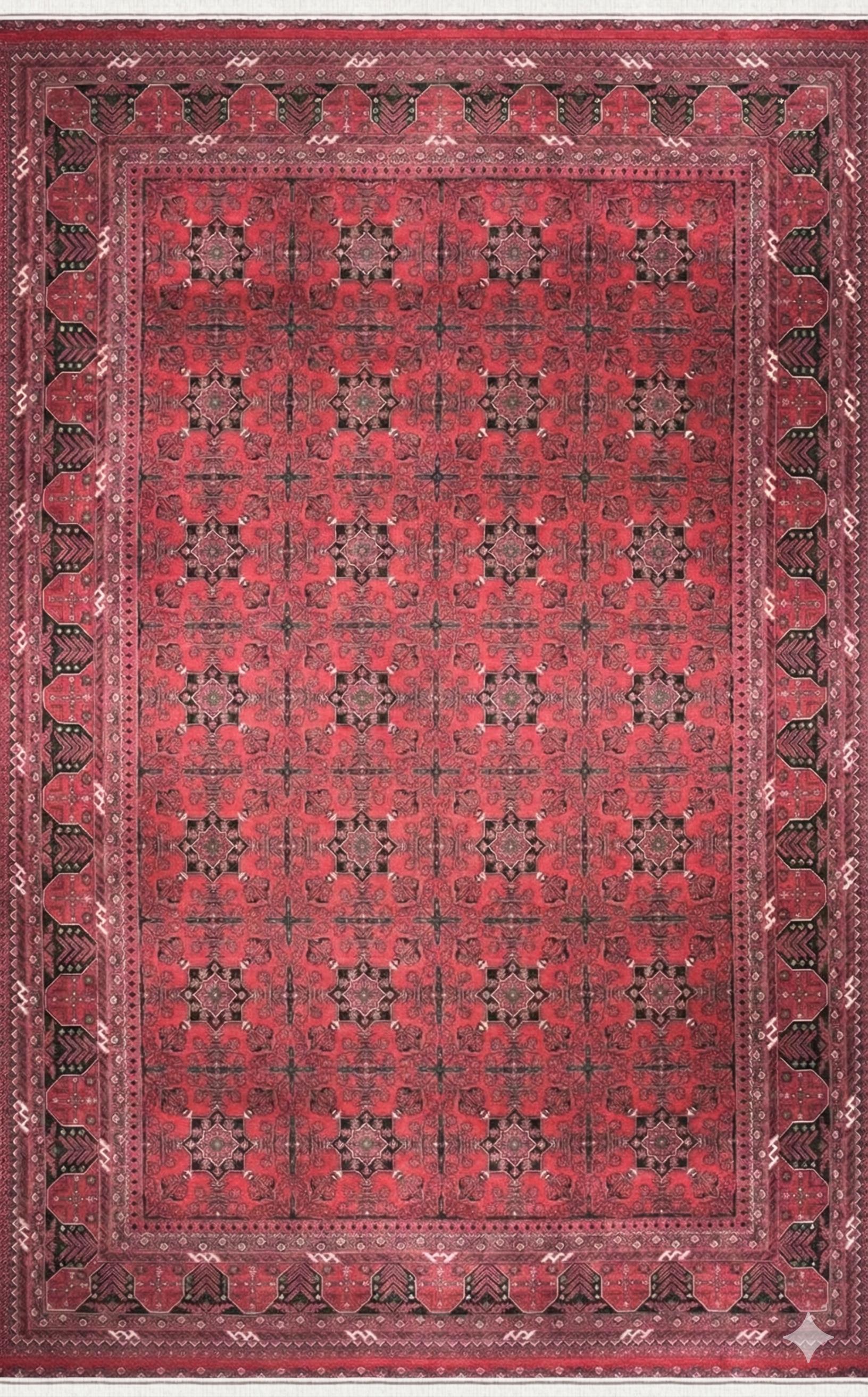 Red Afghan Area Rug – Silk-Feel Viscose Oriental Carpet