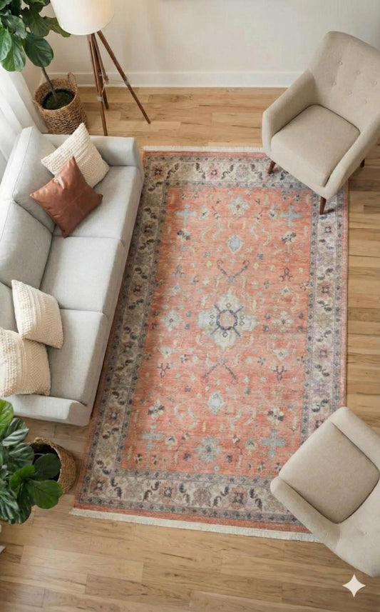 Terracotta Orange Turkish Style Rug: Vintage Floral Area Carpet