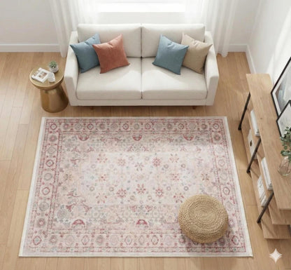 Blush Beige Turkish Style Rug: Faded Floral Area Carpet