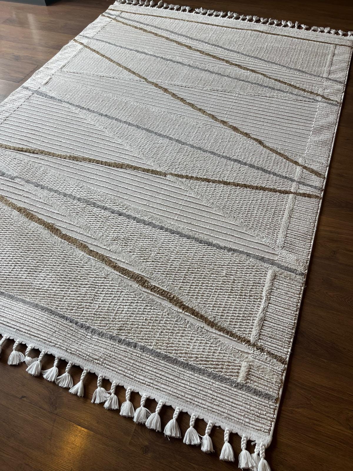 Cream Textured Geometric Carpet with Tassels, Minimalist Scandi Home Decor, Neutral Living Room Rug.
