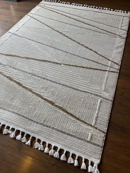Cream Textured Geometric Carpet with Tassels, Minimalist Scandi Home Decor, Neutral Living Room Rug.