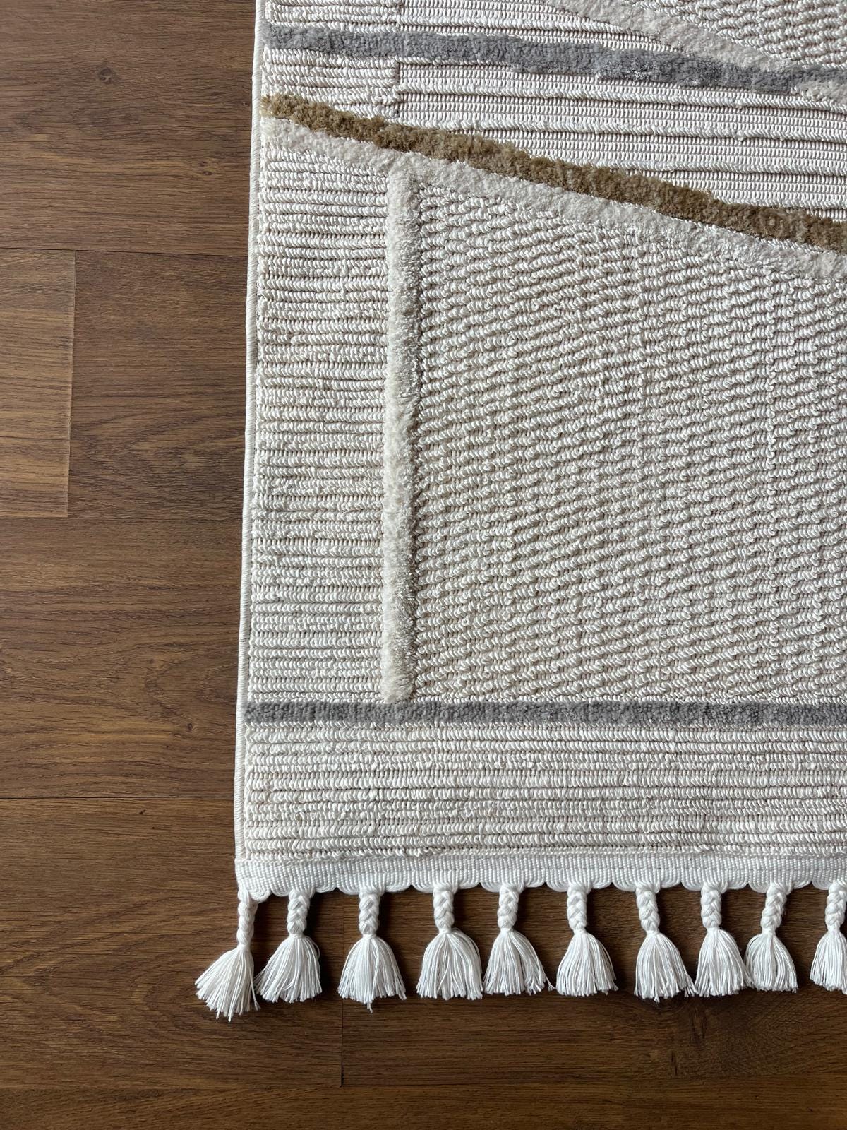 Cream Textured Geometric Carpet with Tassels, Minimalist Scandi Home Decor, Neutral Living Room Rug.