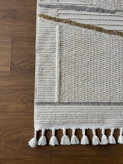 Cream Textured Geometric Carpet with Tassels, Minimalist Scandi Home Decor, Neutral Living Room Rug.