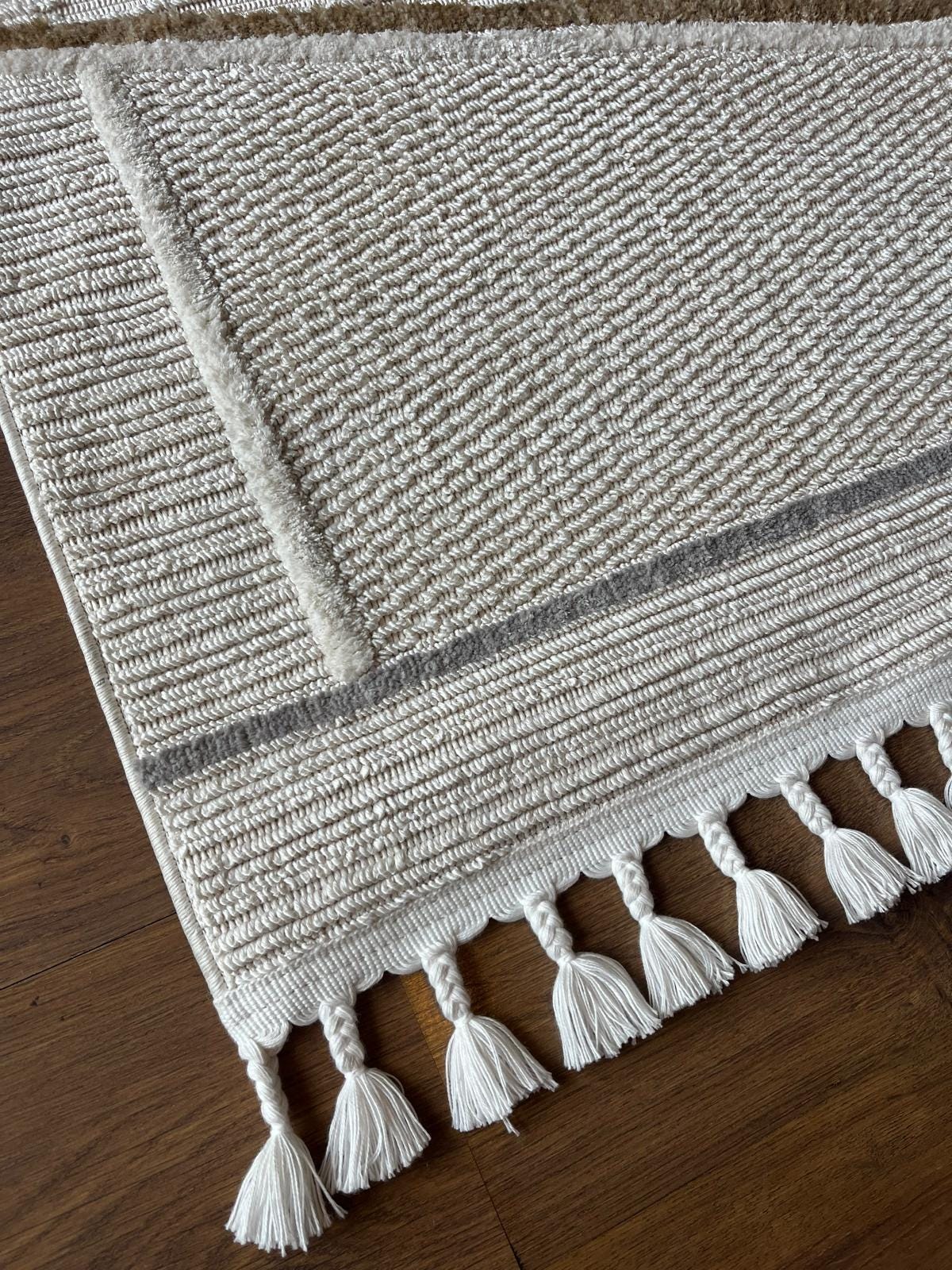 Cream Textured Geometric Carpet with Tassels, Minimalist Scandi Home Decor, Neutral Living Room Rug.