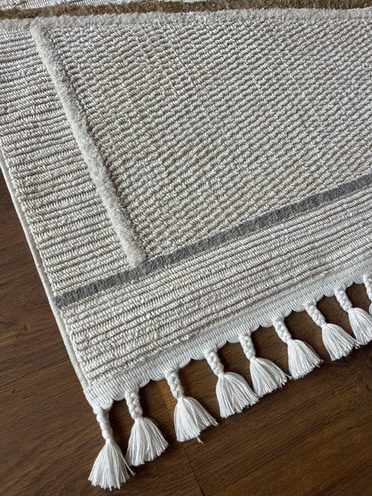 Cream Textured Geometric Carpet with Tassels, Minimalist Scandi Home Decor, Neutral Living Room Rug.