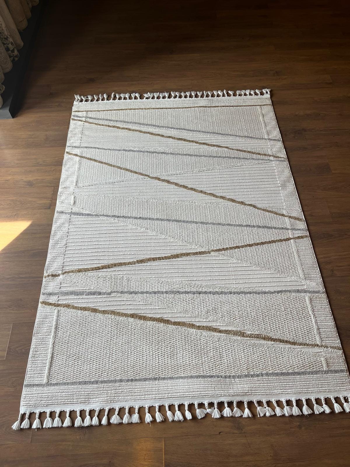 Cream Textured Geometric Carpet with Tassels, Minimalist Scandi Home Decor, Neutral Living Room Rug.