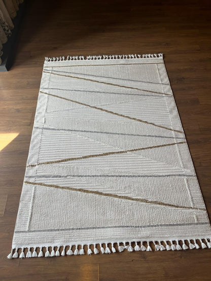 Cream Textured Geometric Carpet with Tassels, Minimalist Scandi Home Decor, Neutral Living Room Rug.