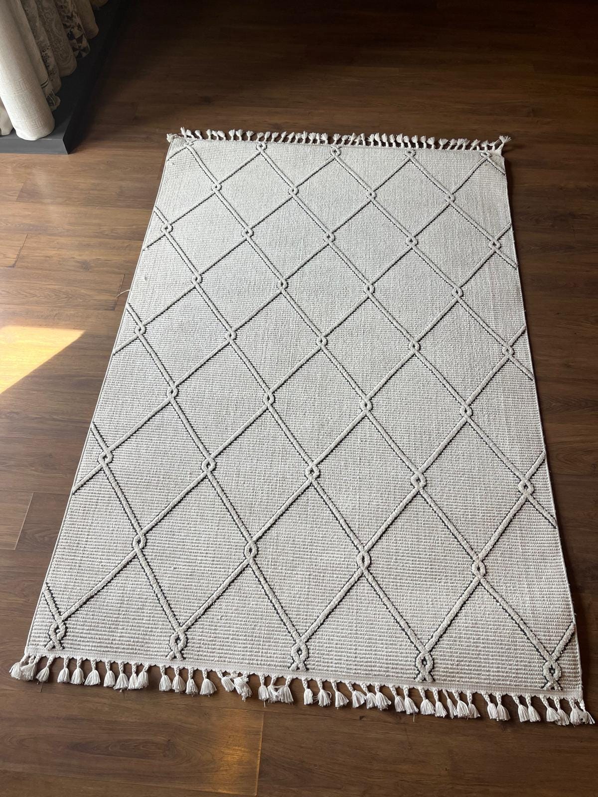 Cream Textured Geometric Carpet with Tassels, Minimalist Scandi Home Decor, Neutral Living Room Rug.