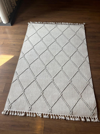 Cream Textured Geometric Carpet with Tassels, Minimalist Scandi Home Decor, Neutral Living Room Rug.