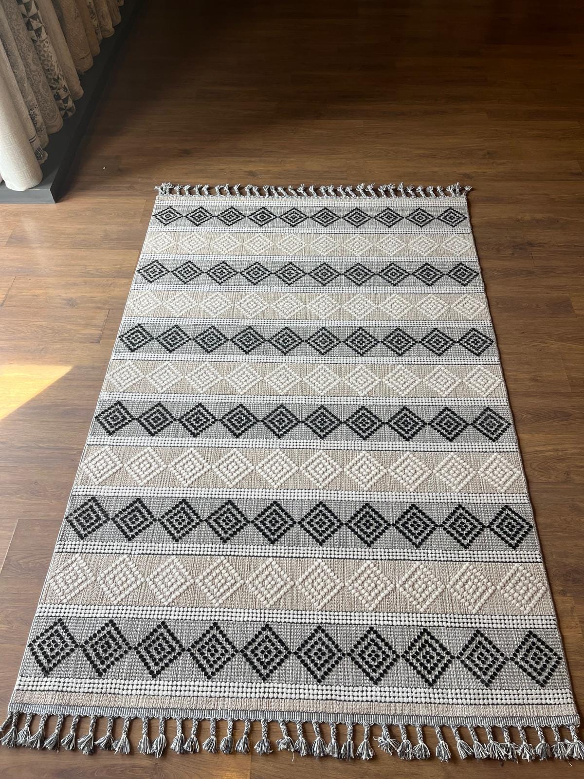 Cream Textured Geometric Carpet with Tassels, Minimalist Scandi Home Decor, Neutral Living Room Rug.