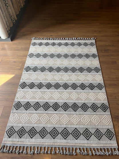 Cream Textured Geometric Carpet with Tassels, Minimalist Scandi Home Decor, Neutral Living Room Rug.