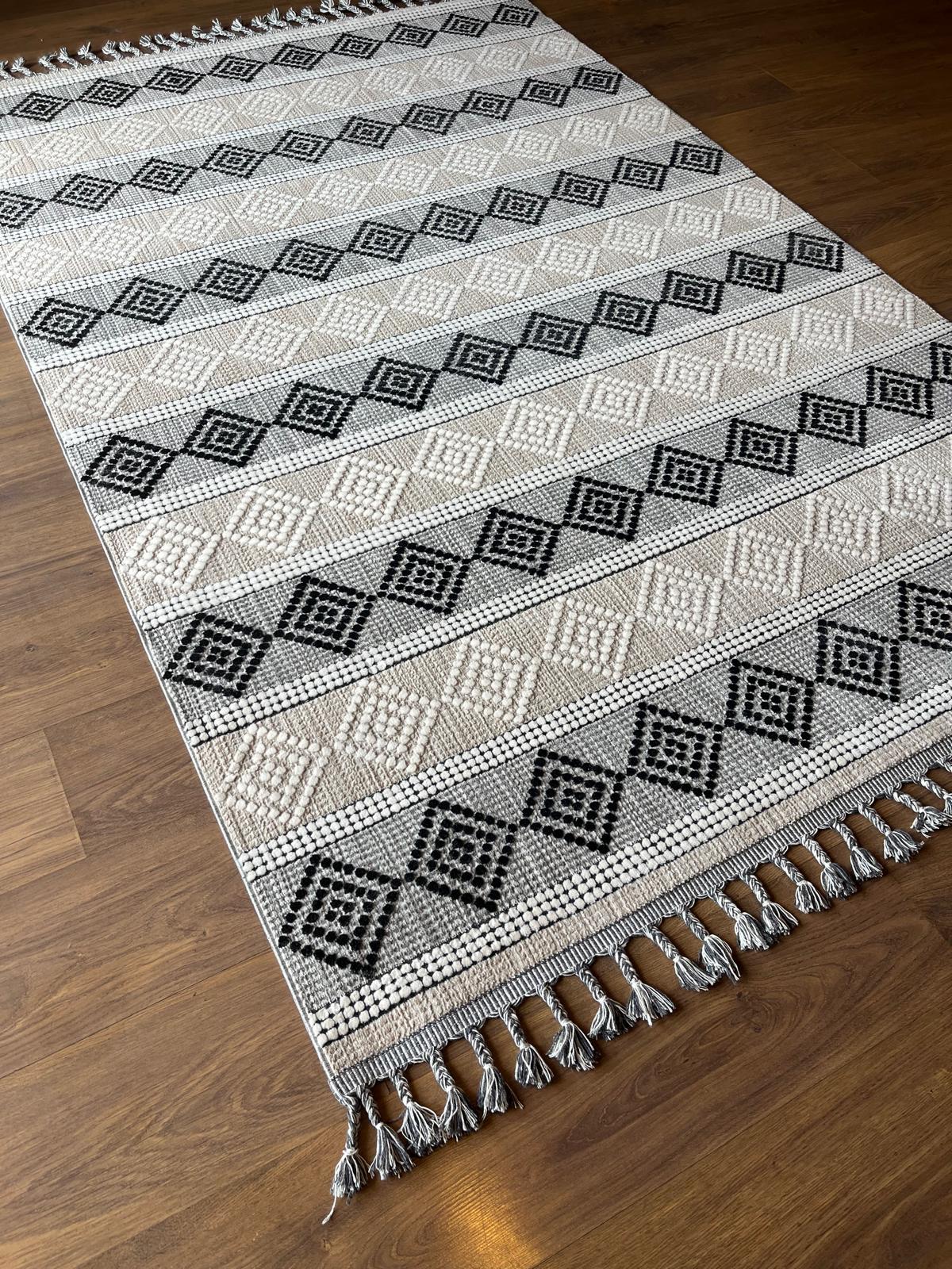 Cream Textured Geometric Carpet with Tassels, Minimalist Scandi Home Decor, Neutral Living Room Rug.