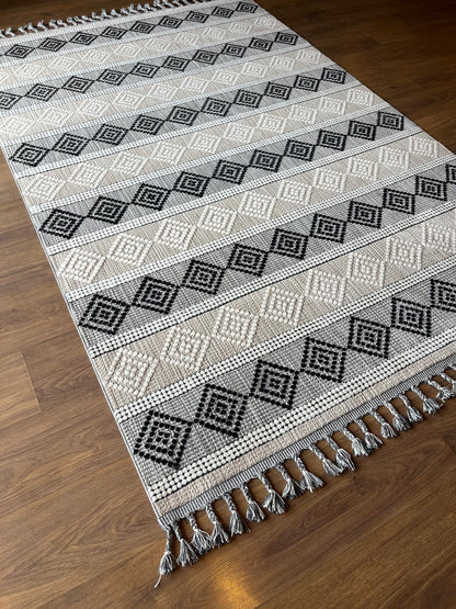 Cream Textured Geometric Carpet with Tassels, Minimalist Scandi Home Decor, Neutral Living Room Rug.