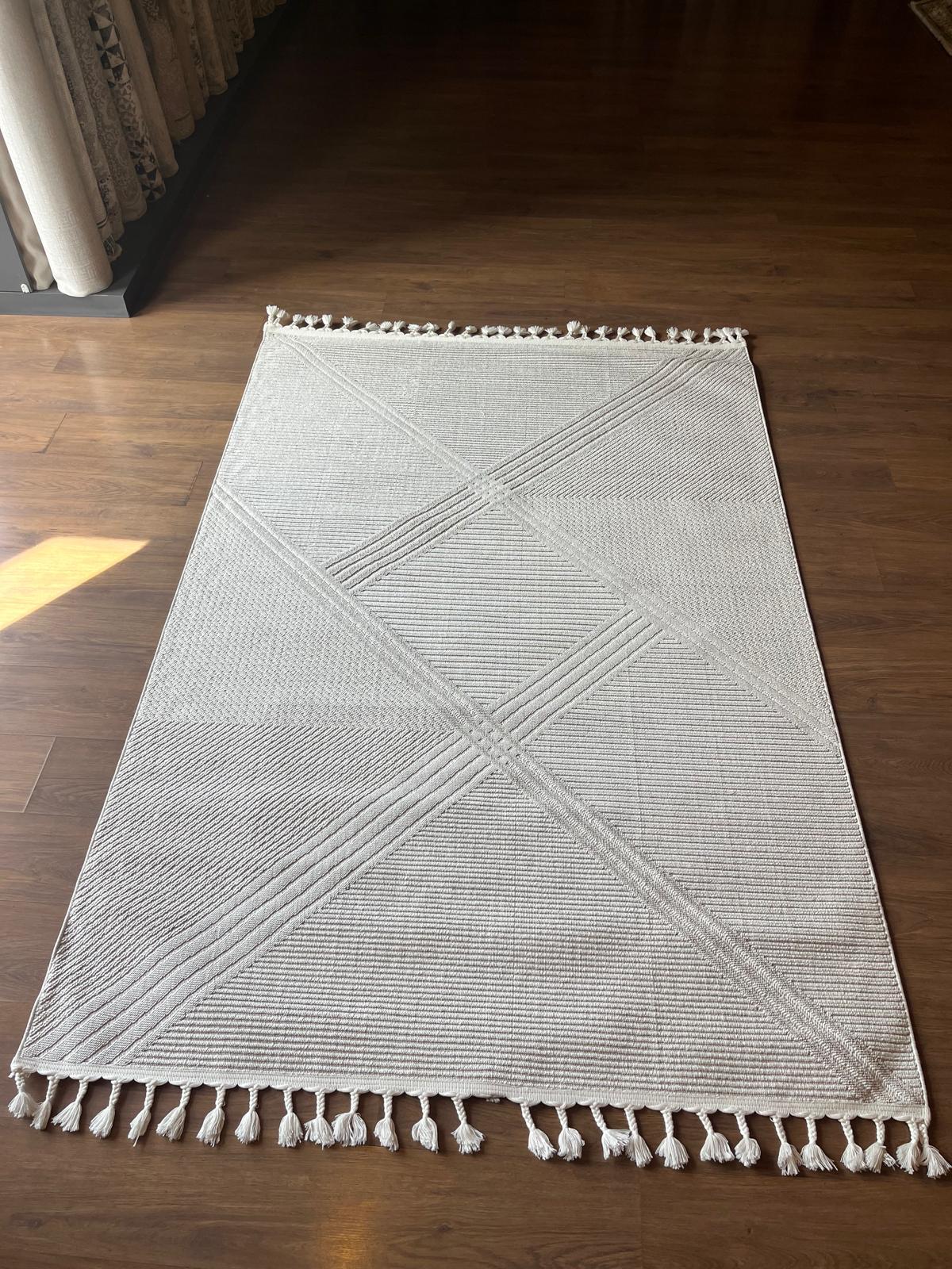 Cream Textured Geometric Carpet with Tassels, Minimalist Scandi Home Decor, Neutral Living Room Rug.