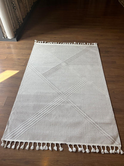 Cream Textured Geometric Carpet with Tassels, Minimalist Scandi Home Decor, Neutral Living Room Rug.