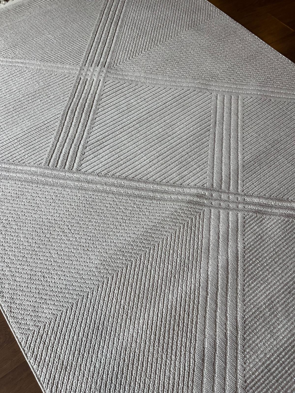 Cream Textured Geometric Carpet with Tassels, Minimalist Scandi Home Decor, Neutral Living Room Rug.