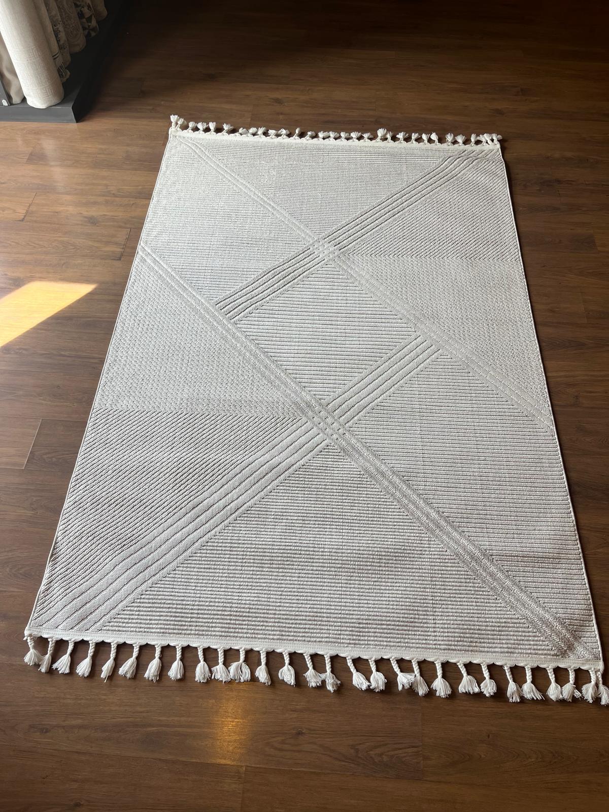 Cream Textured Geometric Carpet with Tassels, Minimalist Scandi Home Decor, Neutral Living Room Rug.