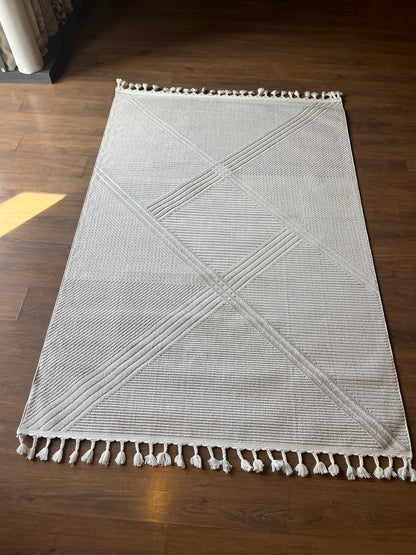 Cream Textured Geometric Carpet with Tassels, Minimalist Scandi Home Decor, Neutral Living Room Rug.