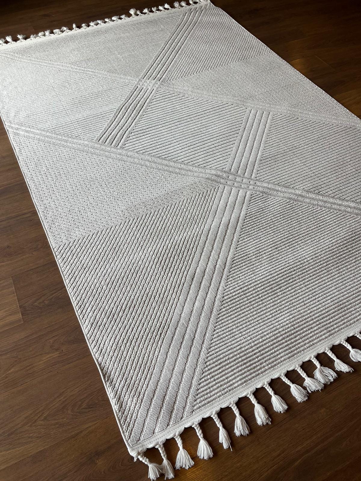 Cream Textured Geometric Carpet with Tassels, Minimalist Scandi Home Decor, Neutral Living Room Rug.