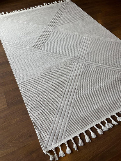 Cream Textured Geometric Carpet with Tassels, Minimalist Scandi Home Decor, Neutral Living Room Rug.