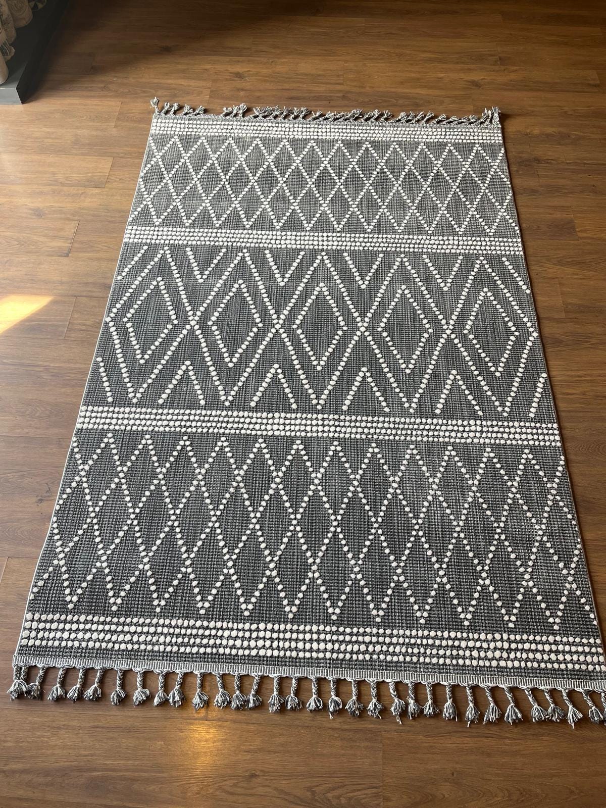 Cream Textured Geometric Carpet with Tassels, Minimalist Scandi Home Decor, Neutral Living Room Rug.
