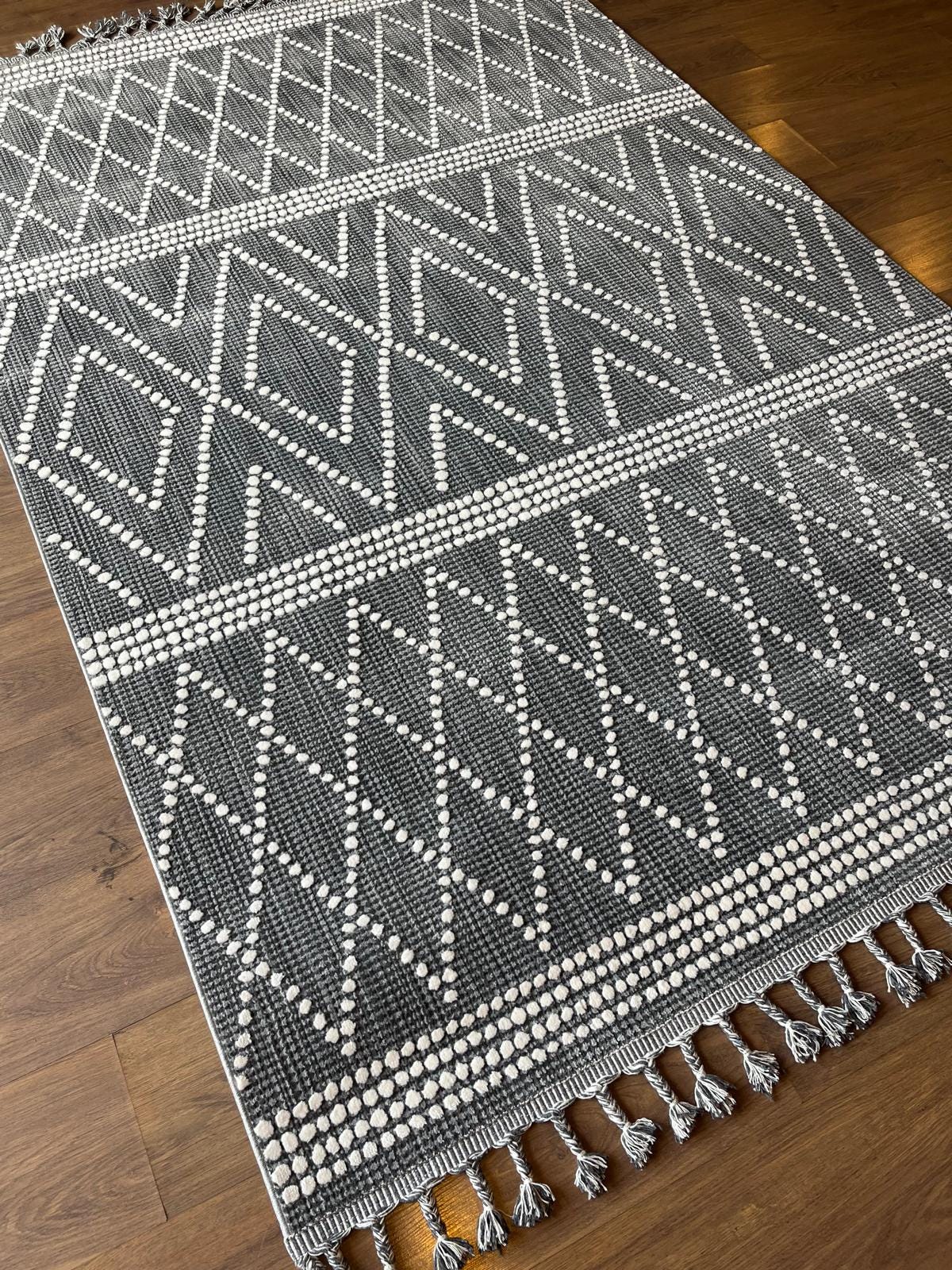 Cream Textured Geometric Carpet with Tassels, Minimalist Scandi Home Decor, Neutral Living Room Rug.