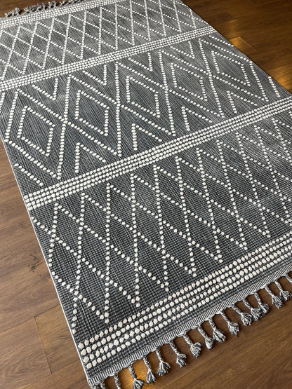 Cream Textured Geometric Carpet with Tassels, Minimalist Scandi Home Decor, Neutral Living Room Rug.