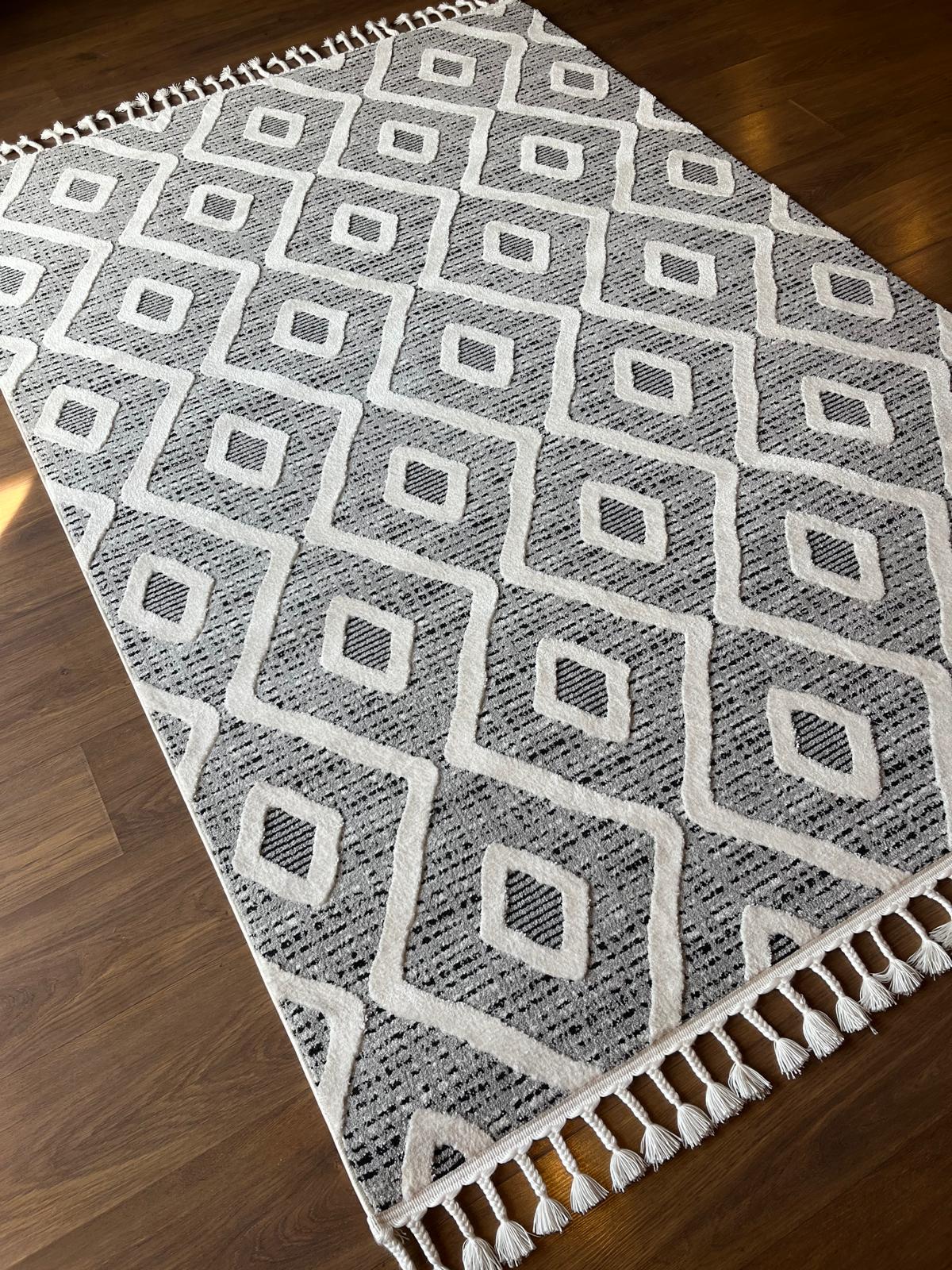 Cream Textured Geometric Carpet with Tassels, Minimalist Scandi Home Decor, Neutral Living Room Rug.