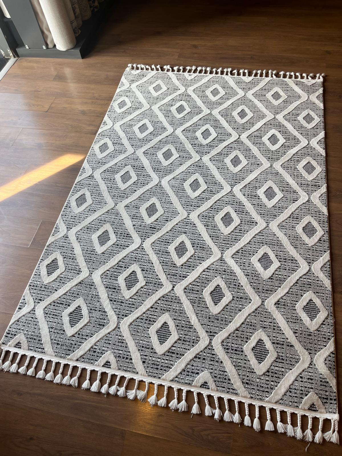 Cream Textured Geometric Carpet with Tassels, Minimalist Scandi Home Decor, Neutral Living Room Rug.