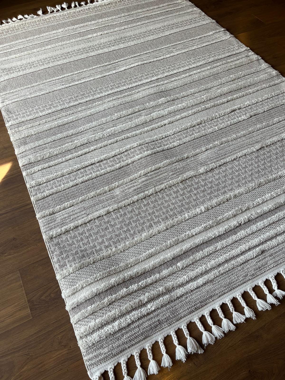 Cream Textured Geometric Carpet with Tassels, Minimalist Scandi Home Decor, Neutral Living Room Rug.