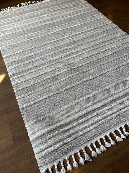 Cream Textured Geometric Carpet with Tassels, Minimalist Scandi Home Decor, Neutral Living Room Rug.