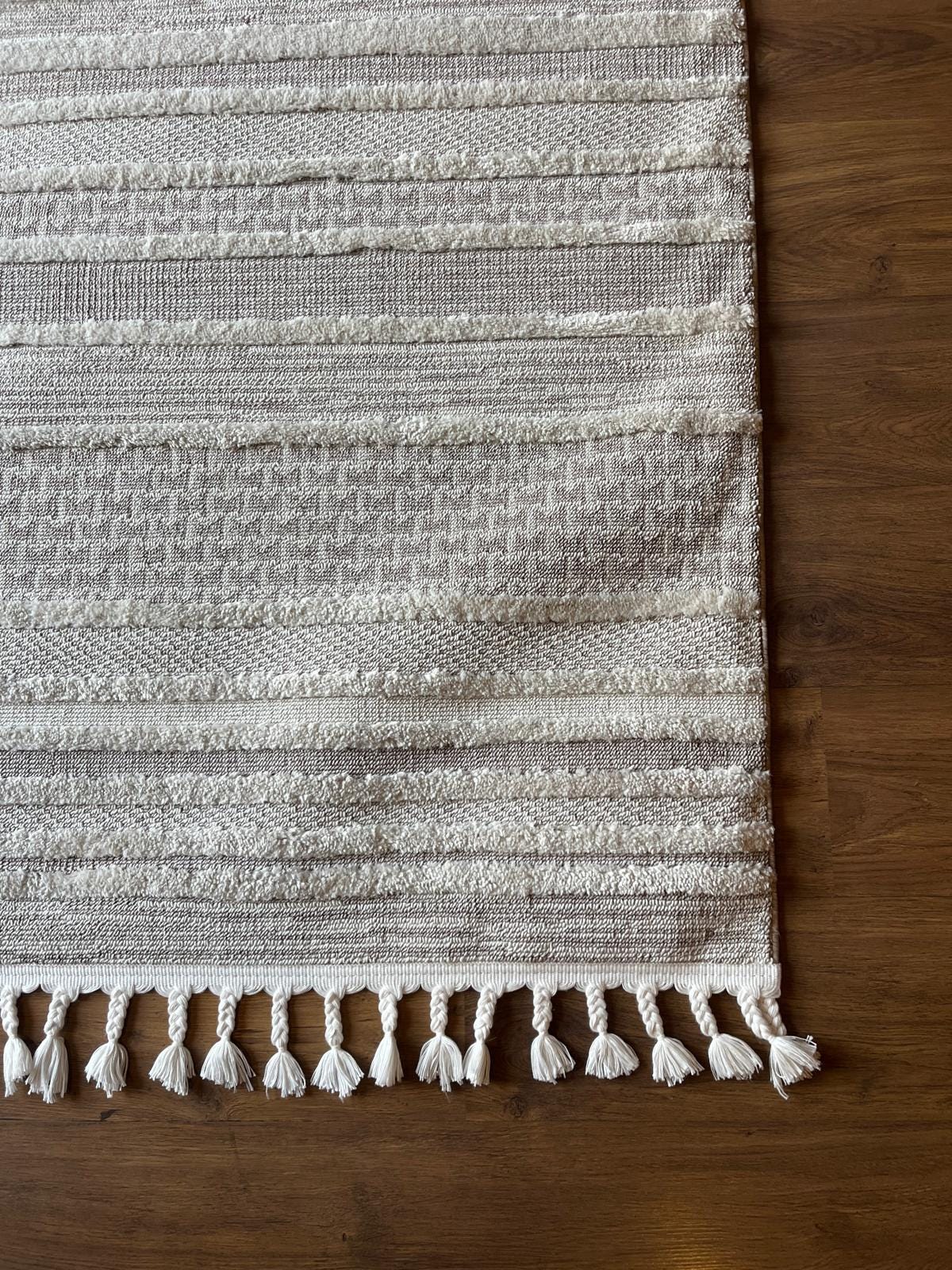 Cream Textured Geometric Carpet with Tassels, Minimalist Scandi Home Decor, Neutral Living Room Rug.