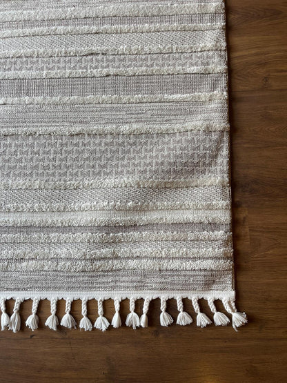 Cream Textured Geometric Carpet with Tassels, Minimalist Scandi Home Decor, Neutral Living Room Rug.