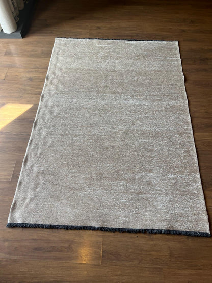 Cream Textured Geometric Carpet with Tassels, Minimalist Scandi Home Decor, Neutral Living Room Rug.