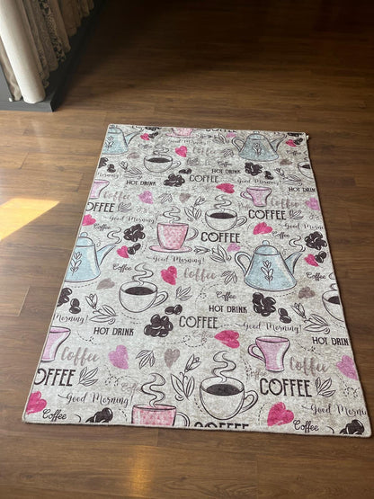 Pink Teal Coffee Cafe Area Rug – Whimsical Morning Kitchen Mat