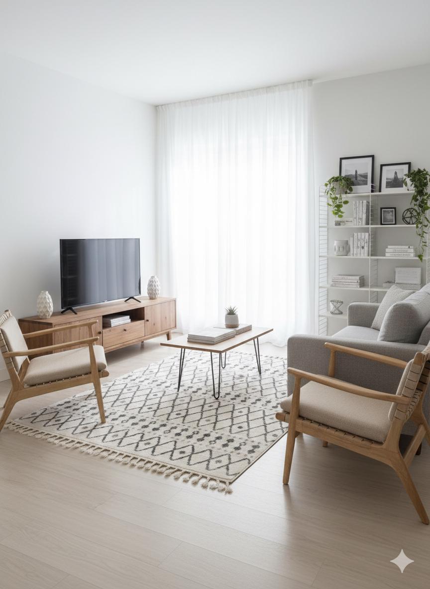 Cream Textured Geometric Carpet with Tassels, Minimalist Scandi Home Decor, Neutral Living Room Rug.