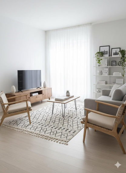 Cream Textured Geometric Carpet with Tassels, Minimalist Scandi Home Decor, Neutral Living Room Rug.