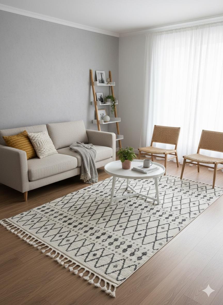 Cream Textured Geometric Carpet with Tassels, Minimalist Scandi Home Decor, Neutral Living Room Rug.