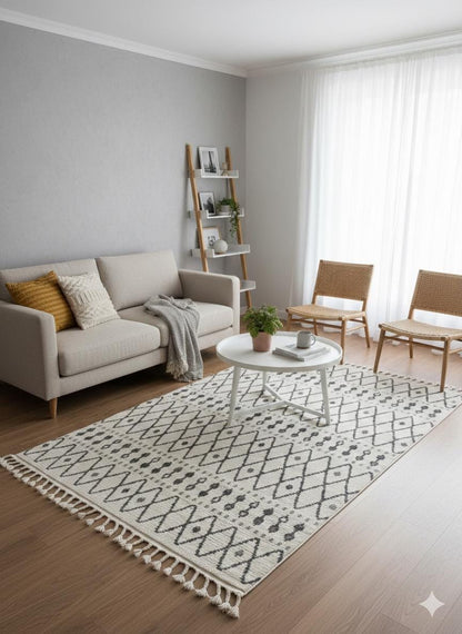 Cream Textured Geometric Carpet with Tassels, Minimalist Scandi Home Decor, Neutral Living Room Rug.