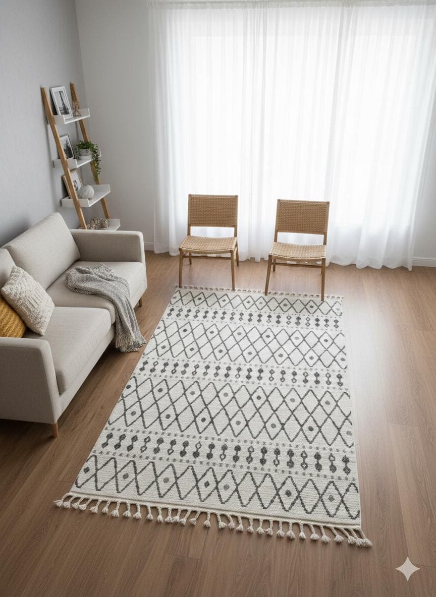 Cream Textured Geometric Carpet with Tassels, Minimalist Scandi Home Decor, Neutral Living Room Rug.