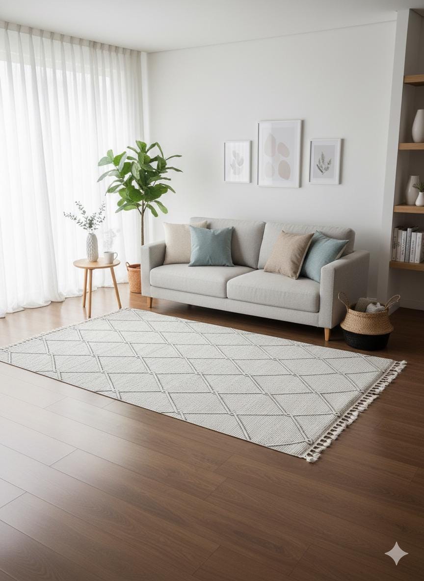 Cream Textured Geometric Carpet with Tassels, Minimalist Scandi Home Decor, Neutral Living Room Rug.