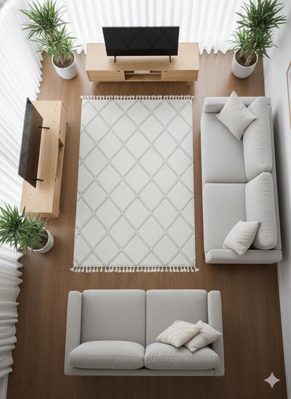 Cream Textured Geometric Carpet with Tassels, Minimalist Scandi Home Decor, Neutral Living Room Rug.