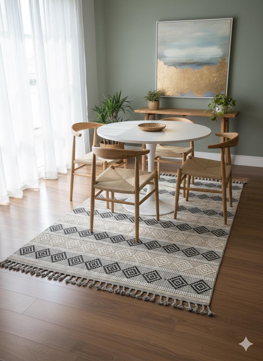 Cream Textured Geometric Carpet with Tassels, Minimalist Scandi Home Decor, Neutral Living Room Rug.