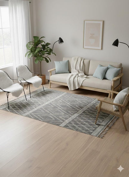 Cream Textured Geometric Carpet with Tassels, Minimalist Scandi Home Decor, Neutral Living Room Rug.