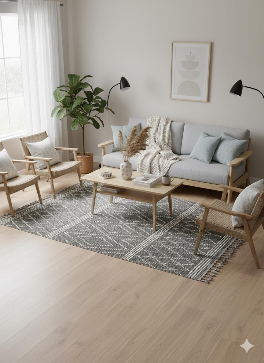 Cream Textured Geometric Carpet with Tassels, Minimalist Scandi Home Decor, Neutral Living Room Rug.