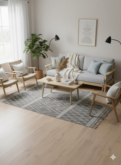 Cream Textured Geometric Carpet with Tassels, Minimalist Scandi Home Decor, Neutral Living Room Rug.
