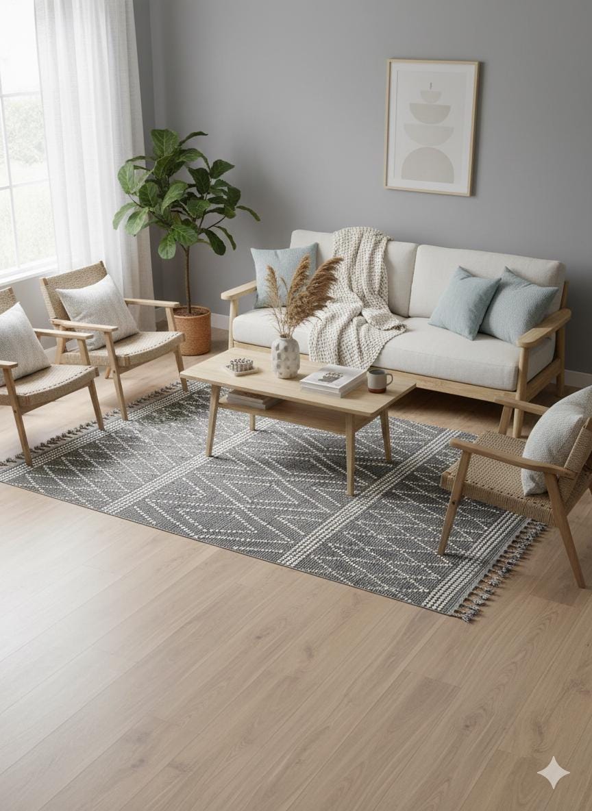 Cream Textured Geometric Carpet with Tassels, Minimalist Scandi Home Decor, Neutral Living Room Rug.