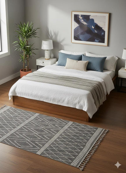 Cream Textured Geometric Carpet with Tassels, Minimalist Scandi Home Decor, Neutral Living Room Rug.